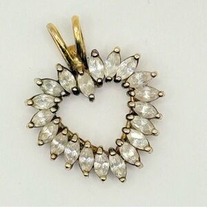 Sterling Silver 925 Gold Tone Heart Wreath Pendant Marquise Clear Stones Estate